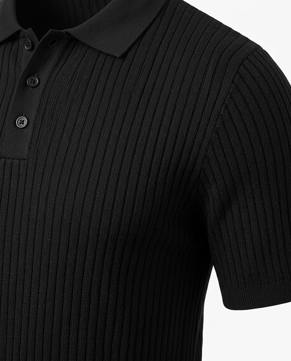 Ribbed Knit Polo Shirt Black