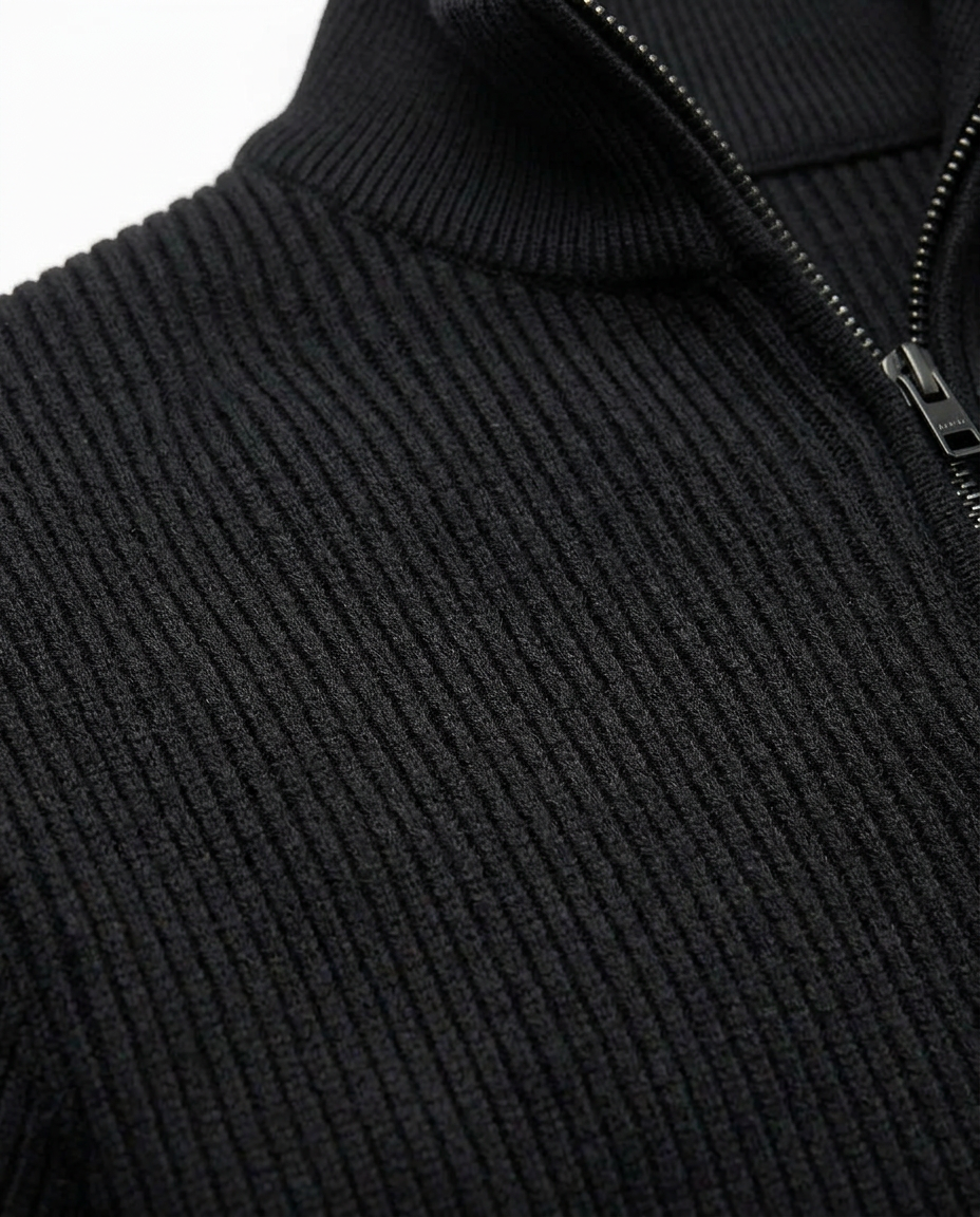 Ribbed Knit Quarter Zip Pullover Black