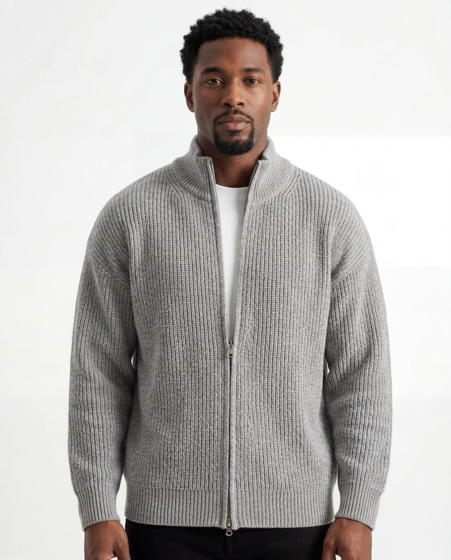 Silver Ribbed Full-Zip Knit Sweater