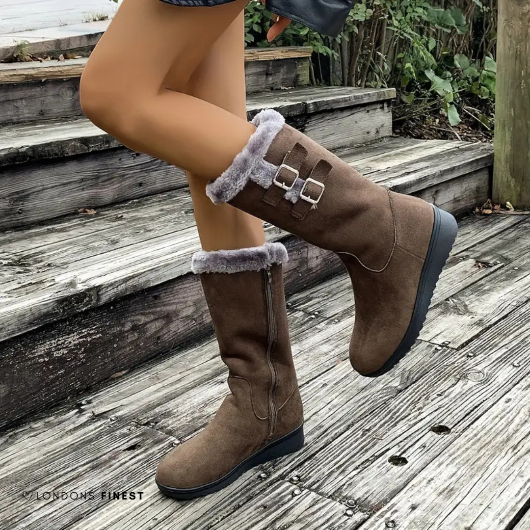 Classic Mid Calf Boots for Women | Buckle Strap Flat Winter Ready Comfort
