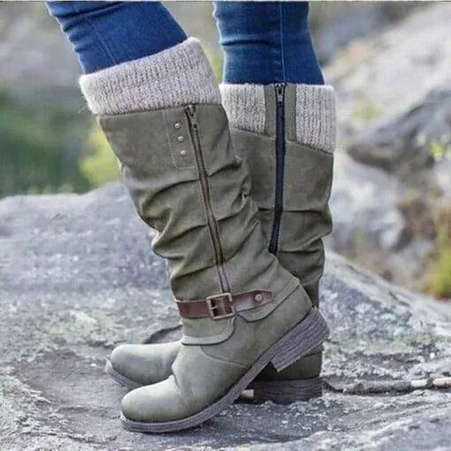 Block Heel Mid Calf Boots for Women | Side Zip Round Toe Warm Winter Style