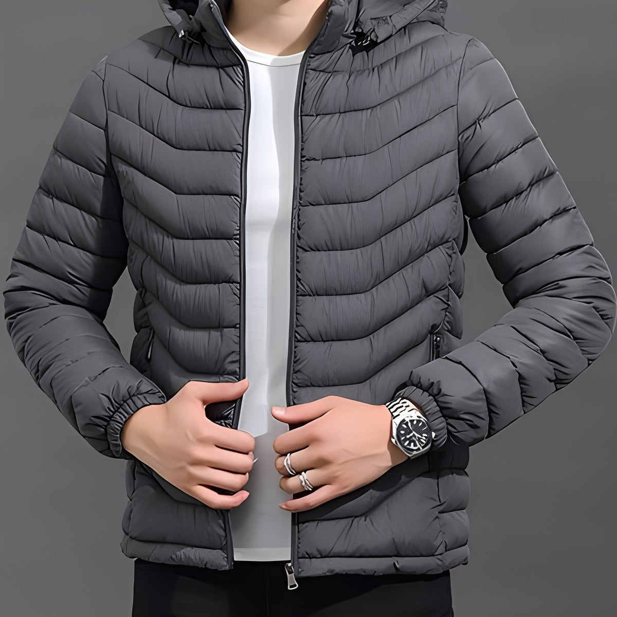 Hooded Puffer Jacket for Men | Side Zip Quilted Cold Weather Ready