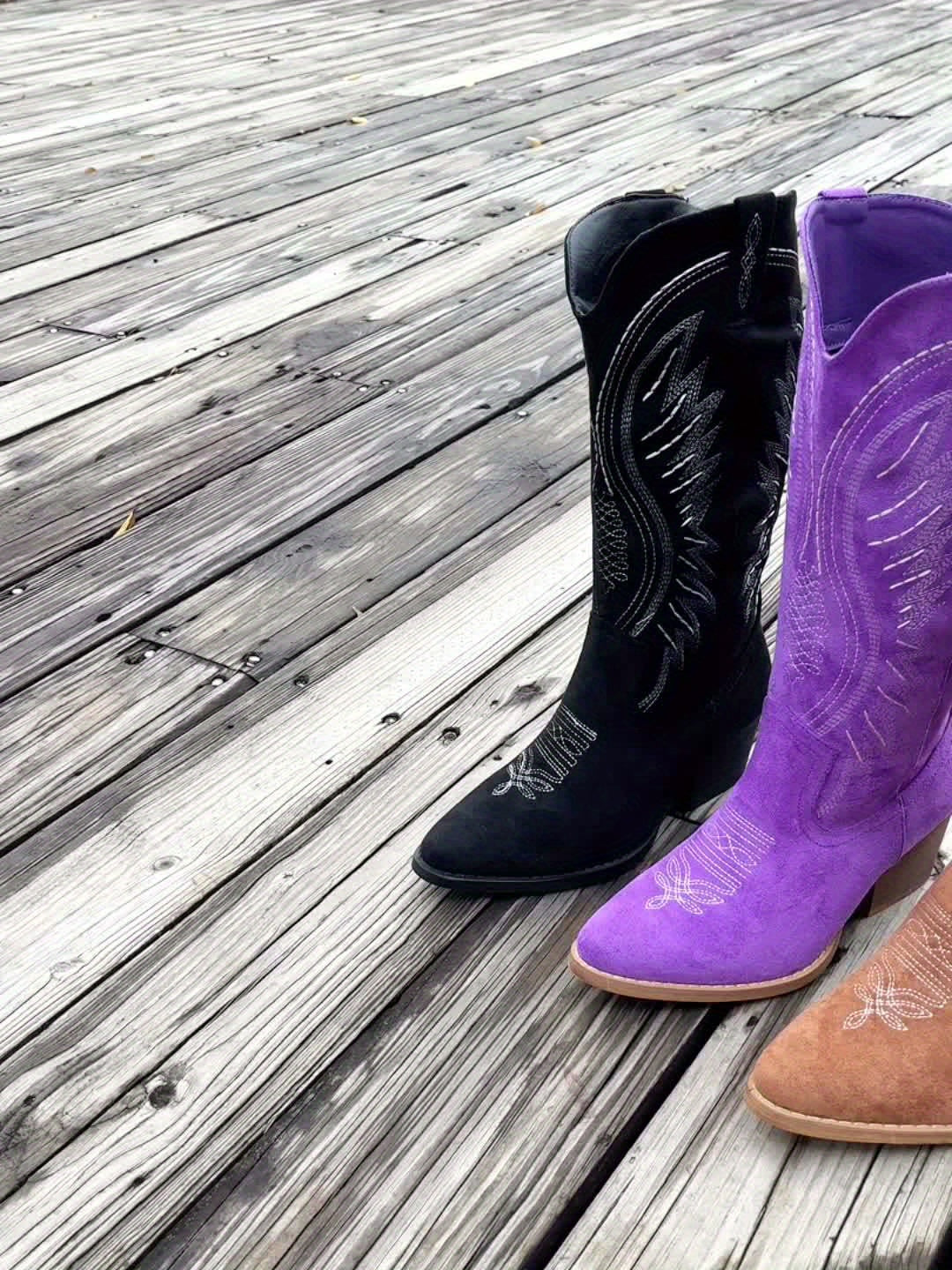 Block Heel Mid Calf Boots for Women | Embroidered Pointed Toe Winter Ready Comfort