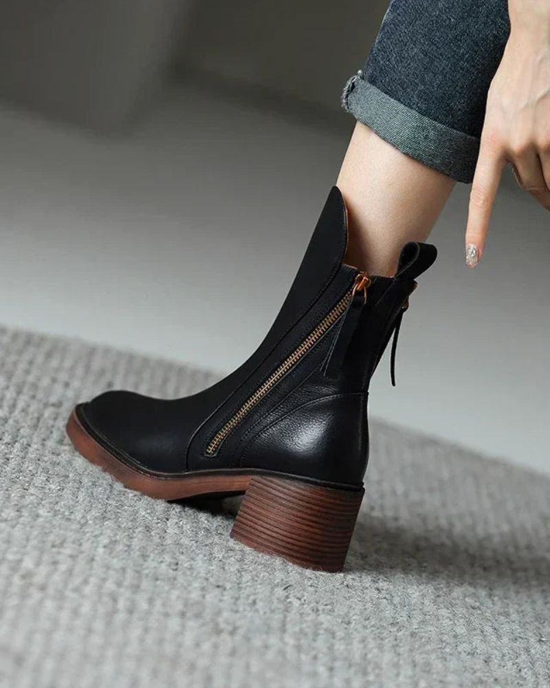 Block Heel Ankle Boots for Women | Side Zip Round Toe Warm Winter Style