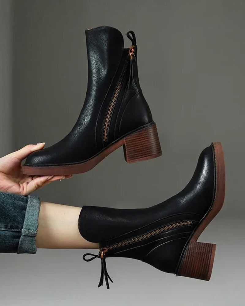 Block Heel Ankle Boots for Women | Side Zip Round Toe Warm Winter Style