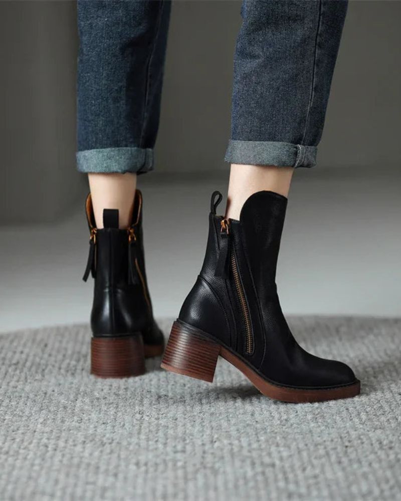Block Heel Ankle Boots for Women | Side Zip Round Toe Warm Winter Style