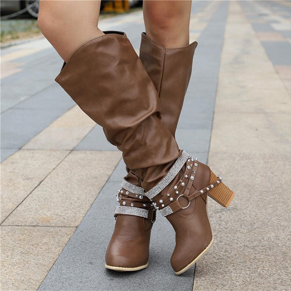 Slouchy Mid Calf Boots for Women | Buckle Strap Warm Winter Style