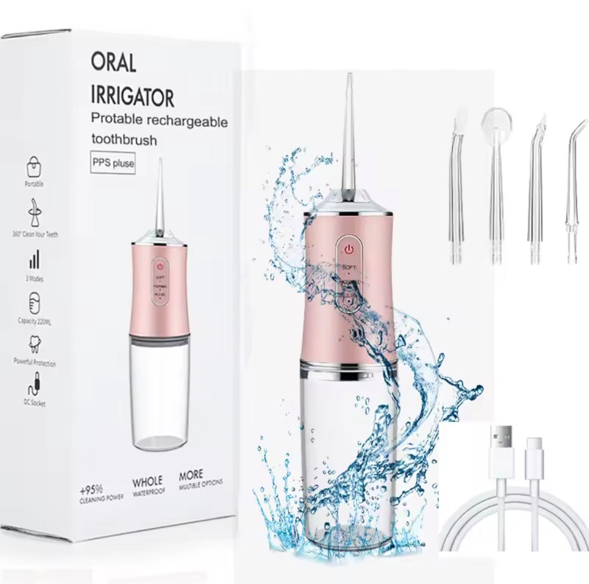 VERIDZ Portable USB Water Flosser – 200ML Oral Irrigator with 4 Nozzles for Teeth Cleaning & Dental Care