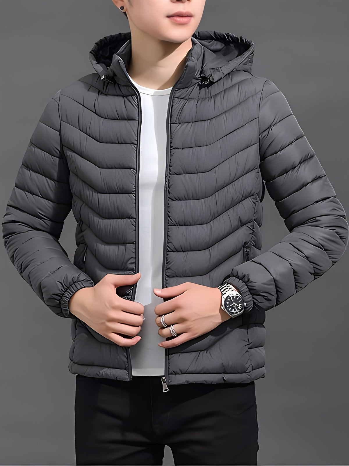 Hooded Puffer Jacket for Men | Side Zip Quilted Cold Weather Ready