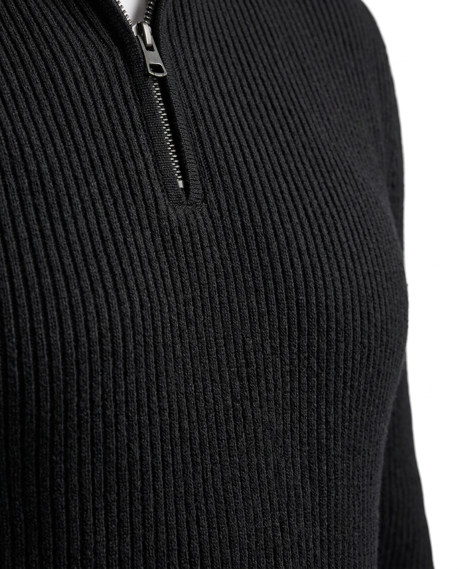Ribbed Knit Quarter Zip Pullover Black