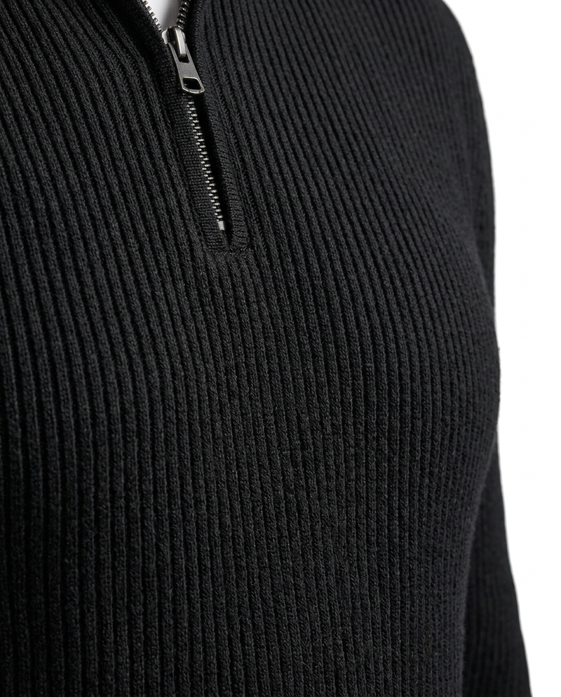 Ribbed Knit Quarter Zip Pullover Black
