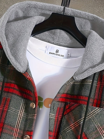 Hooded Winter Jacket for Men | Button Front Plaid Autumn Layering
