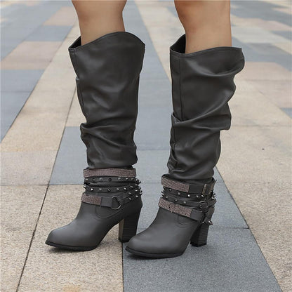 Slouchy Mid Calf Boots for Women | Buckle Strap Warm Winter Style