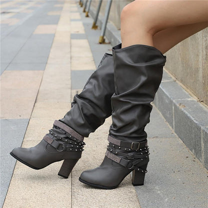 Slouchy Mid Calf Boots for Women | Buckle Strap Warm Winter Style