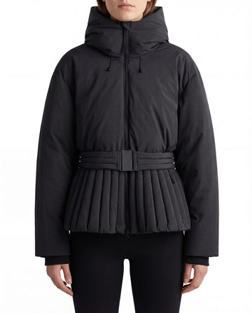 Women’s Belted Peplum Puffer Jacket – Water-Resistant Hooded Insulated Parka with Cinched Waist in Charcoal Black