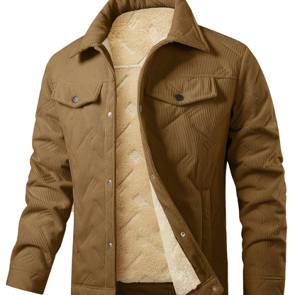 Fleece Lined Winter Jacket for Men | Button Front Lapel Collar Autumn Layering
