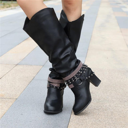 Slouchy Mid Calf Boots for Women | Buckle Strap Warm Winter Style
