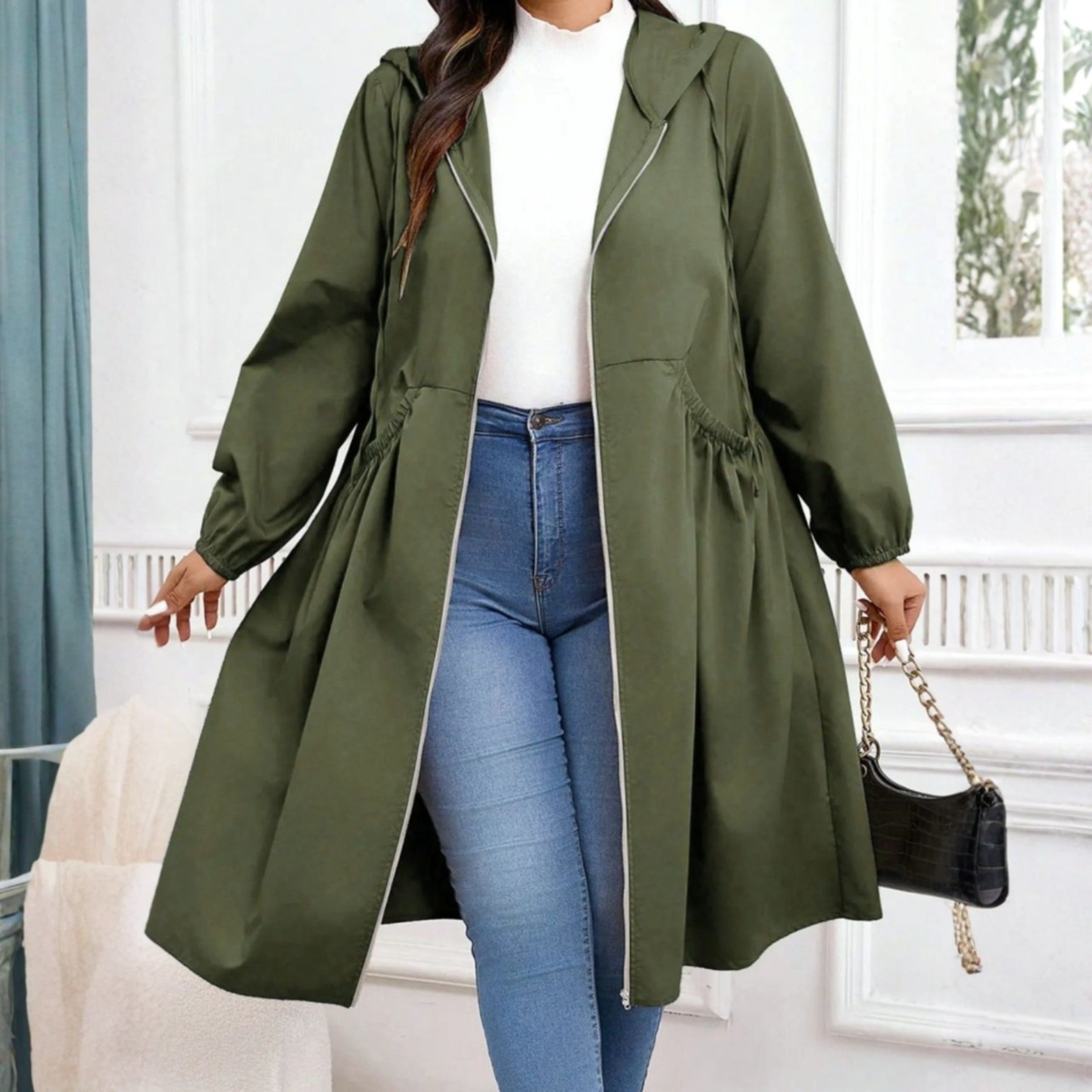 Hooded Winter Coat for Women | Drawstring Full Zip Autumn Layering