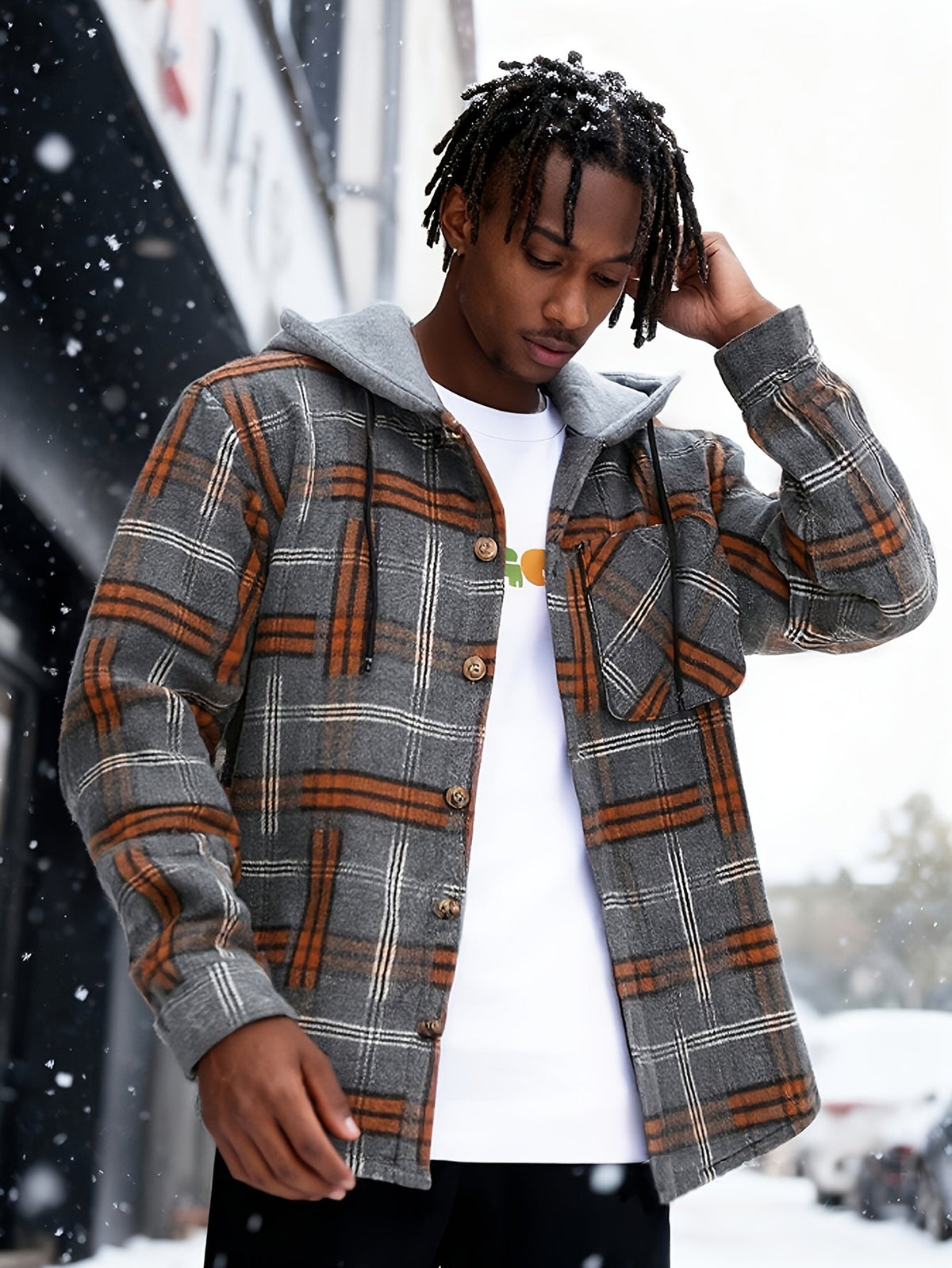 Hooded Winter Jacket for Men | Button Front Plaid Autumn Layering