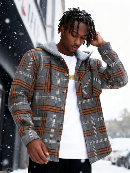 Hooded Winter Jacket for Men | Button Front Plaid Autumn Layering