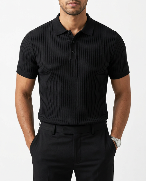 Ribbed Knit Polo Shirt Black