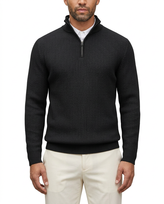 Ribbed Knit Quarter Zip Pullover Black