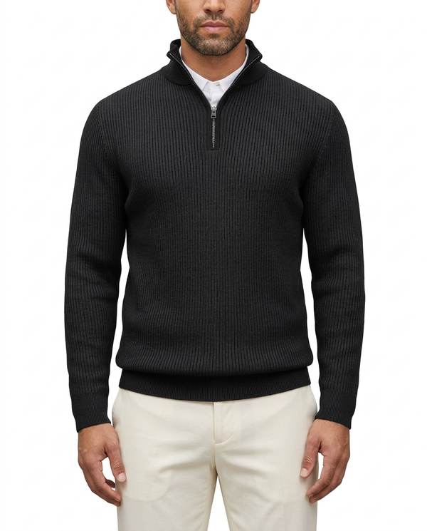 Ribbed Knit Quarter Zip Pullover Black – Veridz