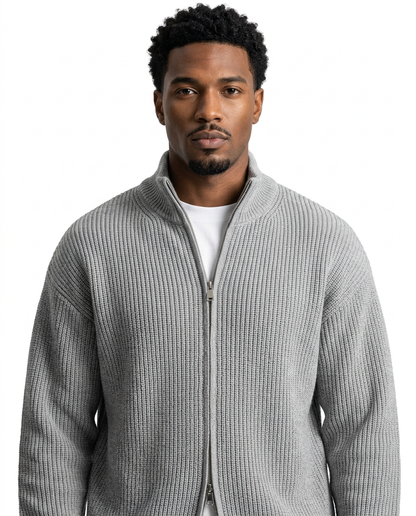 Silver Ribbed Full-Zip Knit Sweater