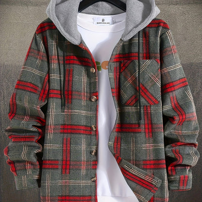 Hooded Winter Jacket for Men | Button Front Plaid Autumn Layering