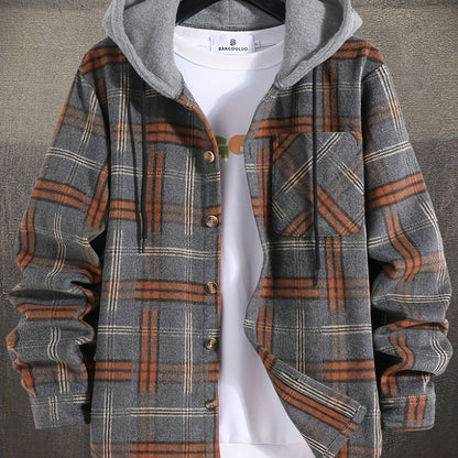 Hooded Winter Jacket for Men | Button Front Plaid Autumn Layering
