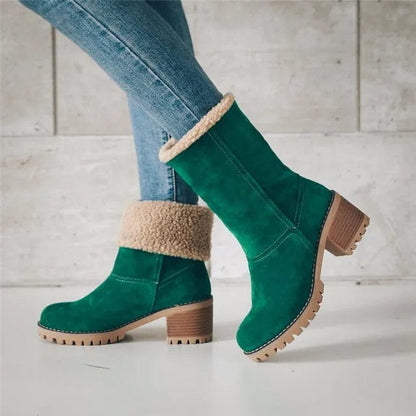 Lug Sole Mid Calf Boots for Women | Block Heel Round Toe Warm Winter Style