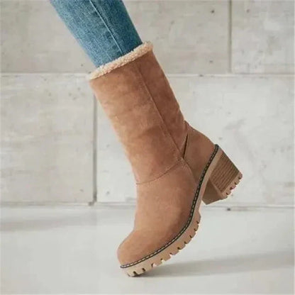 Lug Sole Mid Calf Boots for Women | Block Heel Round Toe Warm Winter Style