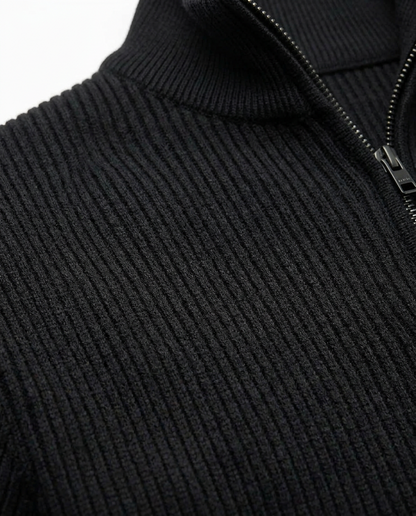 Ribbed Knit Quarter Zip Pullover Black