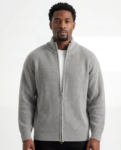 Silver Ribbed Full-Zip Knit Sweater