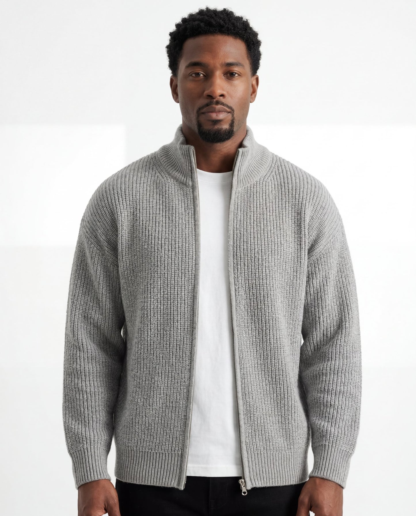 Silver Ribbed Full-Zip Knit Sweater