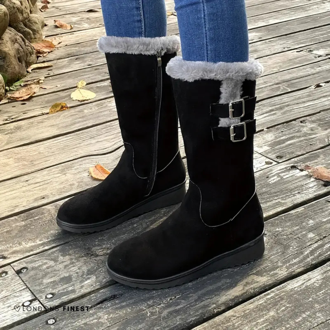 Classic Mid Calf Boots for Women | Buckle Strap Flat Winter Ready Comfort