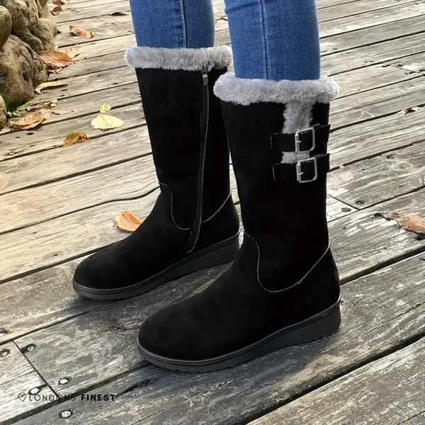 Classic Mid Calf Boots for Women | Buckle Strap Flat Winter Ready Comfort