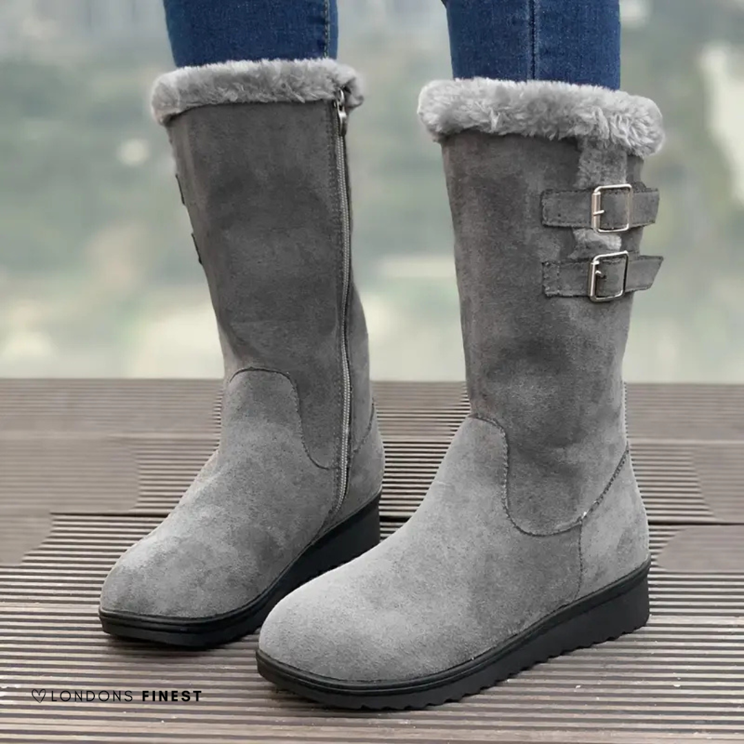 Classic Mid Calf Boots for Women | Buckle Strap Flat Winter Ready Comfort