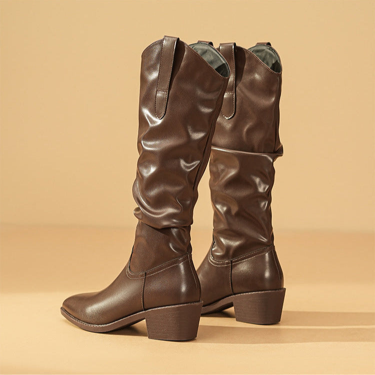 Slouchy Mid Calf Boots for Women | Block Heel Flat Warm Winter Style