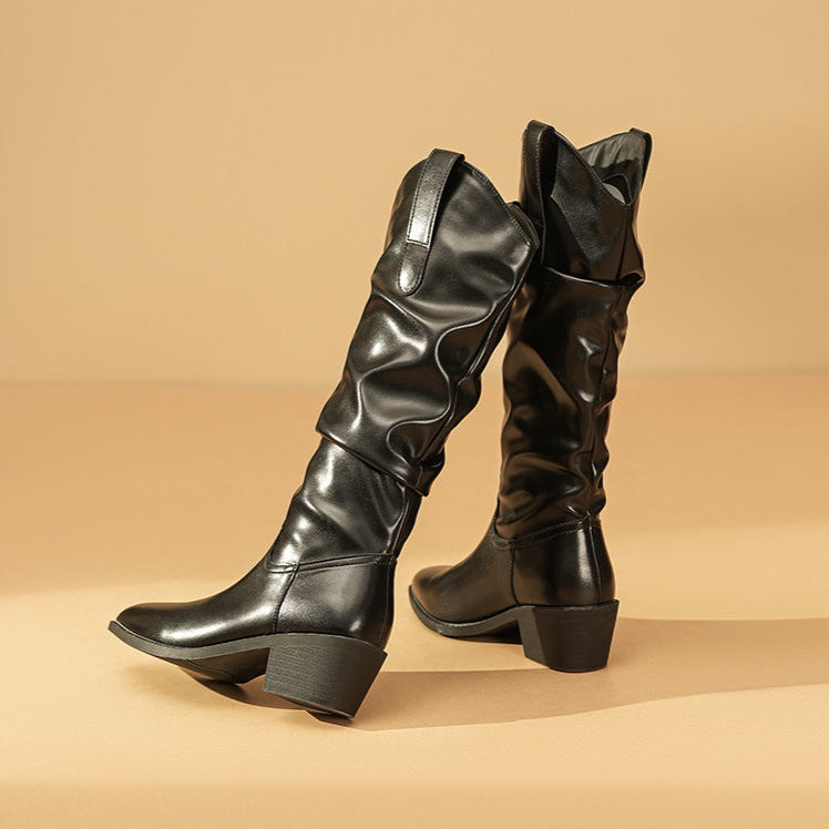 Slouchy Mid Calf Boots for Women | Block Heel Flat Warm Winter Style