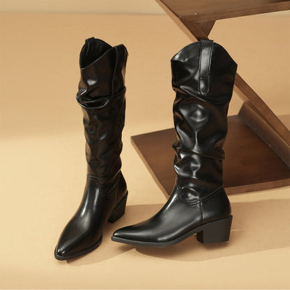 Slouchy Mid Calf Boots for Women | Block Heel Flat Warm Winter Style