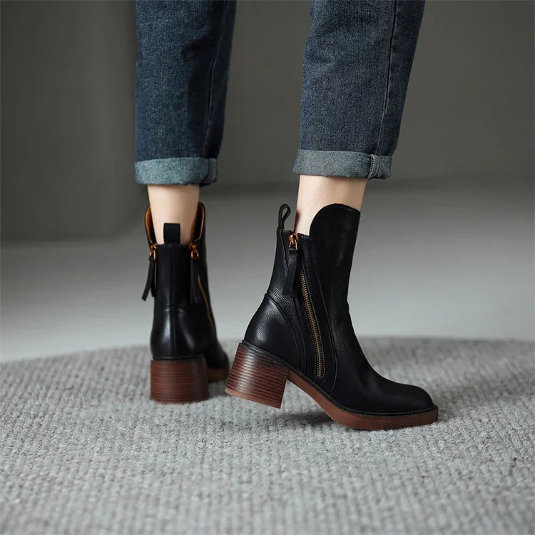 Block Heel Mid Calf Boots for Women | Side Zip Round Toe Winter Ready Comfort