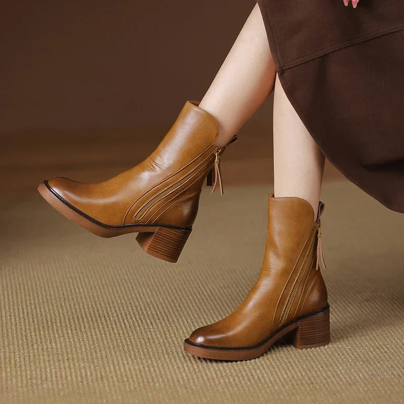 Block Heel Mid Calf Boots for Women | Side Zip Round Toe Winter Ready Comfort