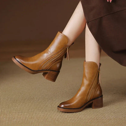 Block Heel Mid Calf Boots for Women | Side Zip Round Toe Winter Ready Comfort