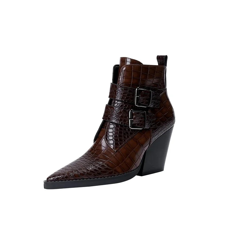 Pointed Toe Ankle Boots for Women | Buckle Strap Block Heel Winter Ready Comfort