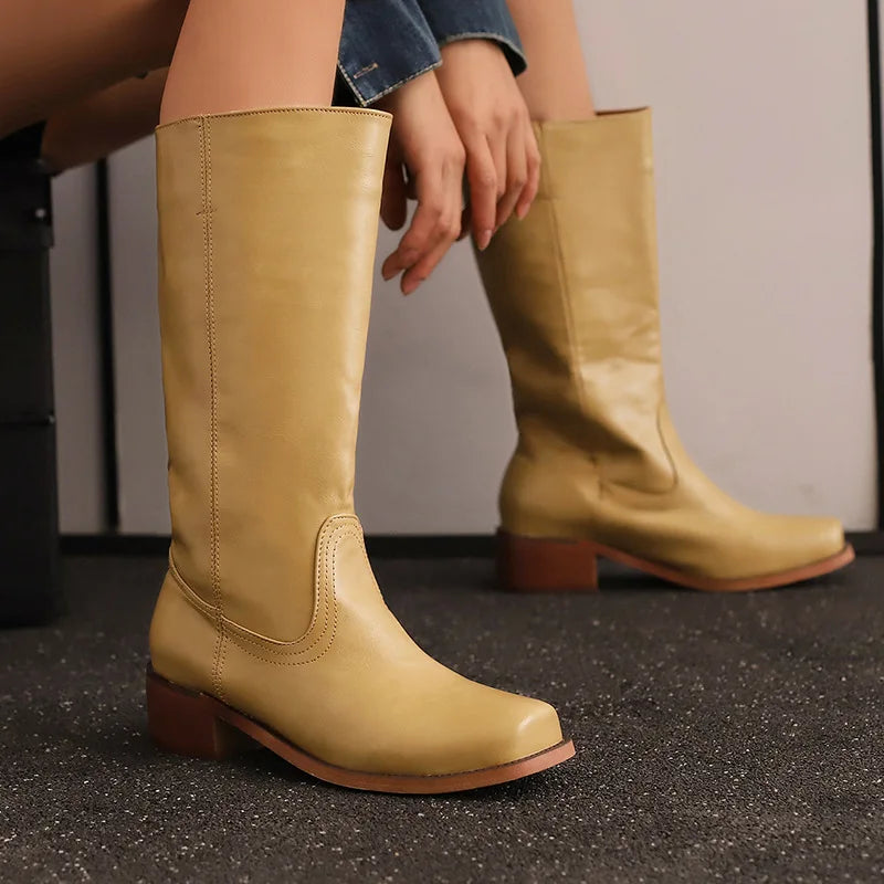 Block Heel Knee High Boots for Women | Round Toe Warm Winter Style