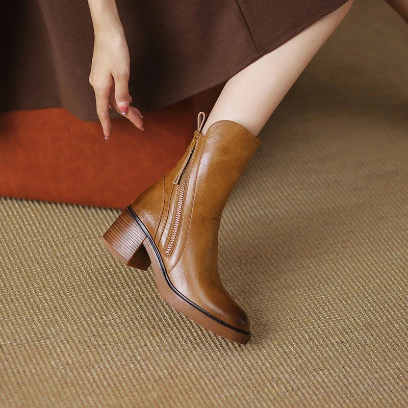 Block Heel Mid Calf Boots for Women | Side Zip Round Toe Winter Ready Comfort