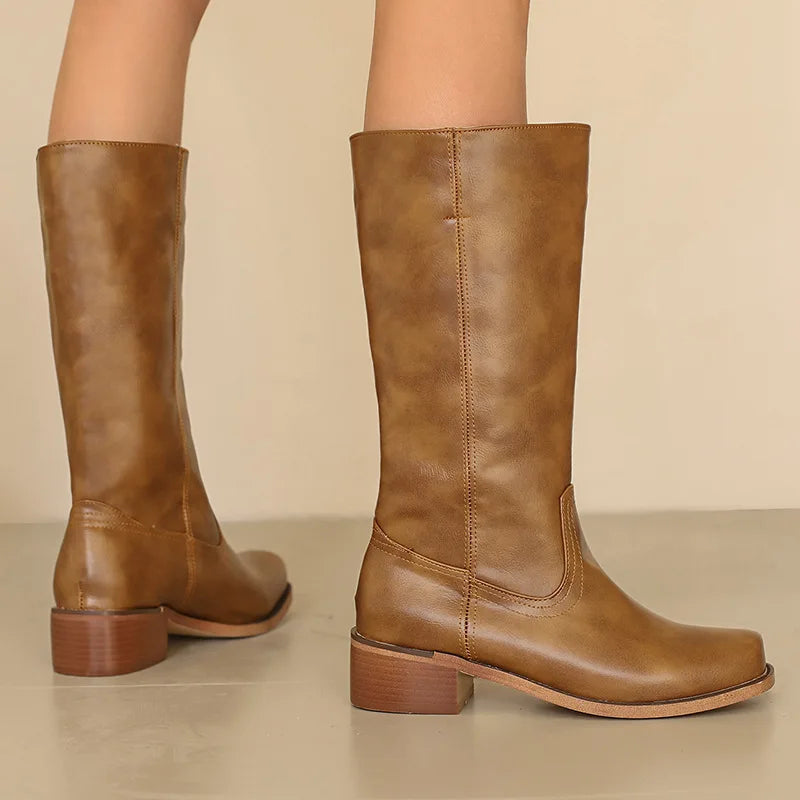Block Heel Knee High Boots for Women | Round Toe Warm Winter Style