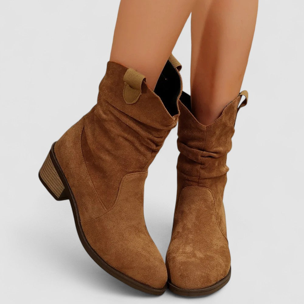 Slouchy Mid Calf Boots for Women | Pull On Block Heel Winter Ready Comfort