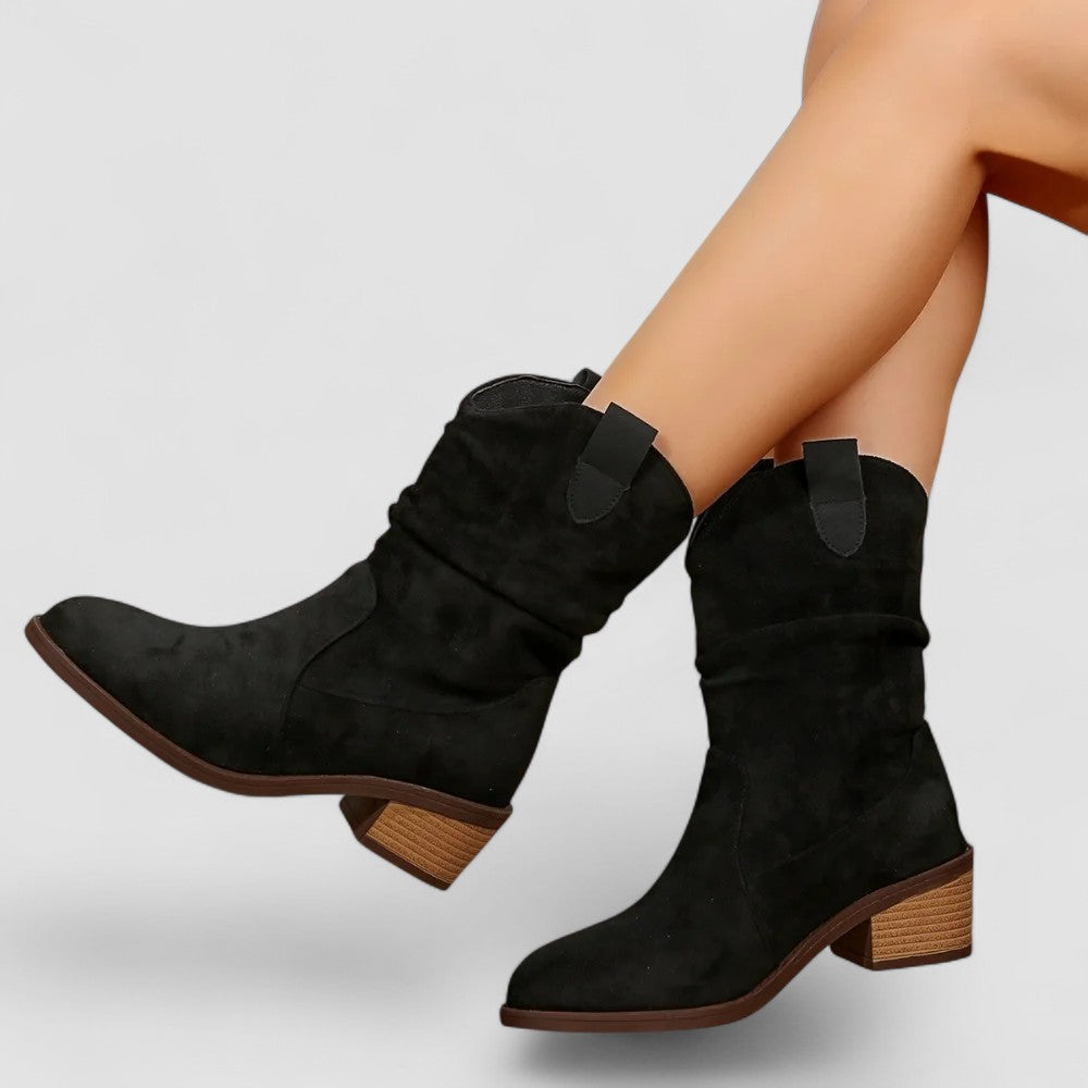 Slouchy Mid Calf Boots for Women | Pull On Block Heel Winter Ready Comfort